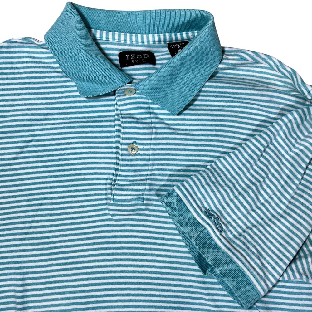 IZOD Golf Polo Shirt Men Small Teal White Striped Cotton Short Sleeve‎ Preppy